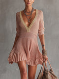 Pink Ribbed Knit Mini Dress With Deep V-Neck And Flared Hem
