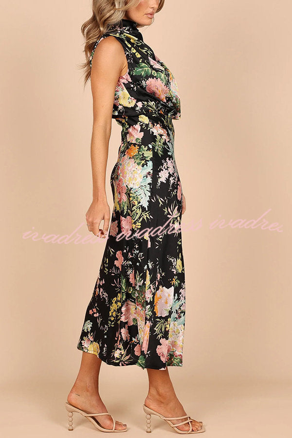 Wine Country Dates Floral Halter Neck Elastic Waist Maxi Dress