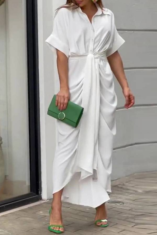 V-Neck Pleated Belt Short Sleeve Dress