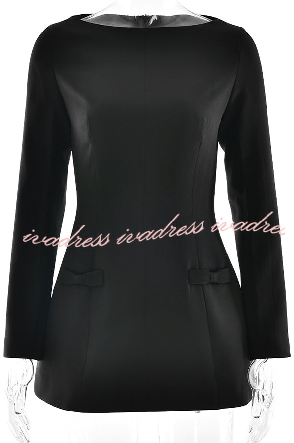 Budding Elegance Bow Detail Boat Neck Long Sleeve Mini Dress