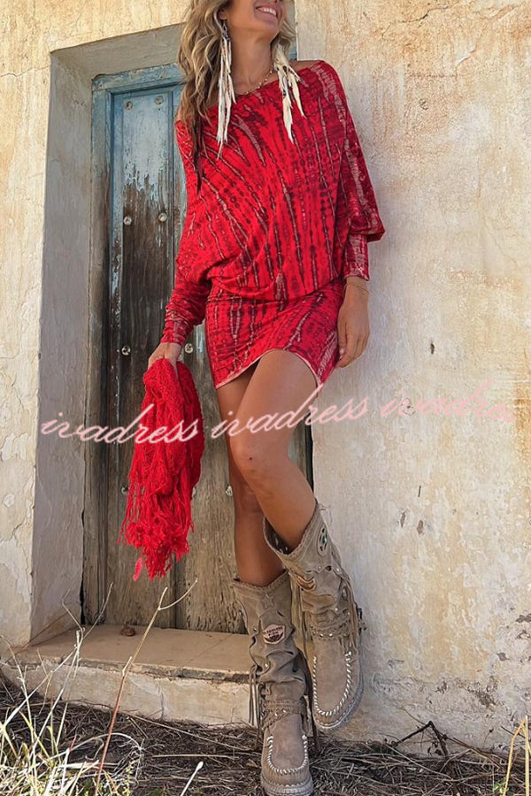 Coastal Bliss Tie-dye Print Dolman Sleeve Stretch Mini Dress