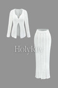 Open Knit Button Long Sleeve Top And Maxi Skirt Set