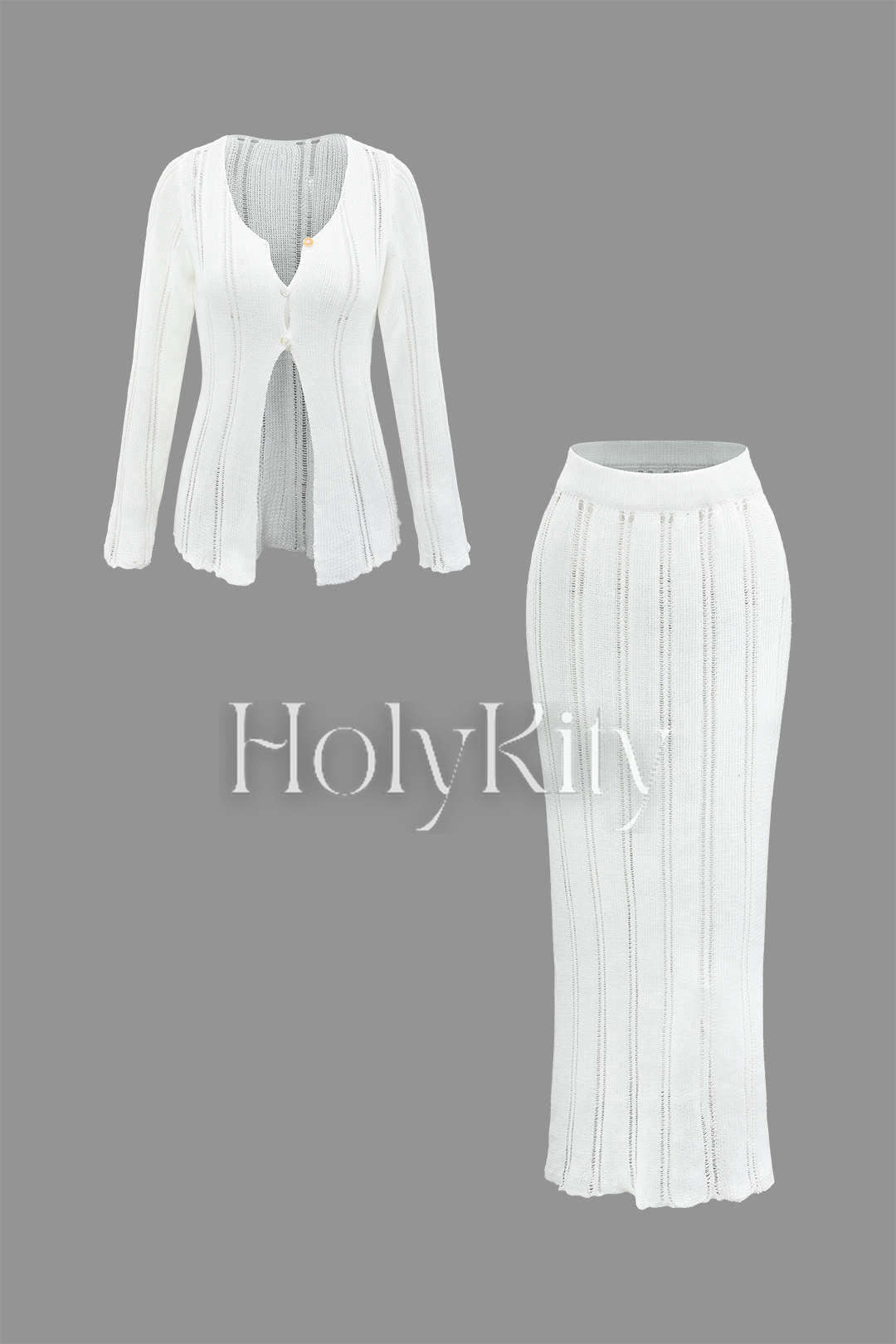 Open Knit Button Long Sleeve Top And Maxi Skirt Set