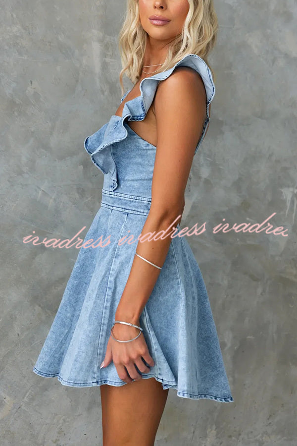 Sweet Secret Denim Square Neck Ruffle Sleeve Stretch Mini Dress