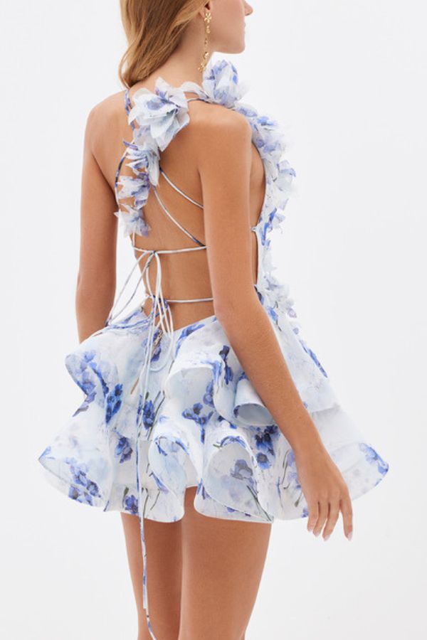 Floral Print V-neck Halter Back Tie Double Layer Mini Dress