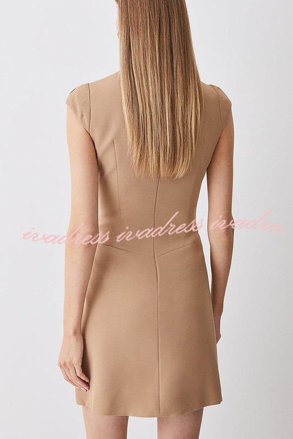 Military Style Cap Sleeve High Neck Patchwork Pleated Hem Mini Dress