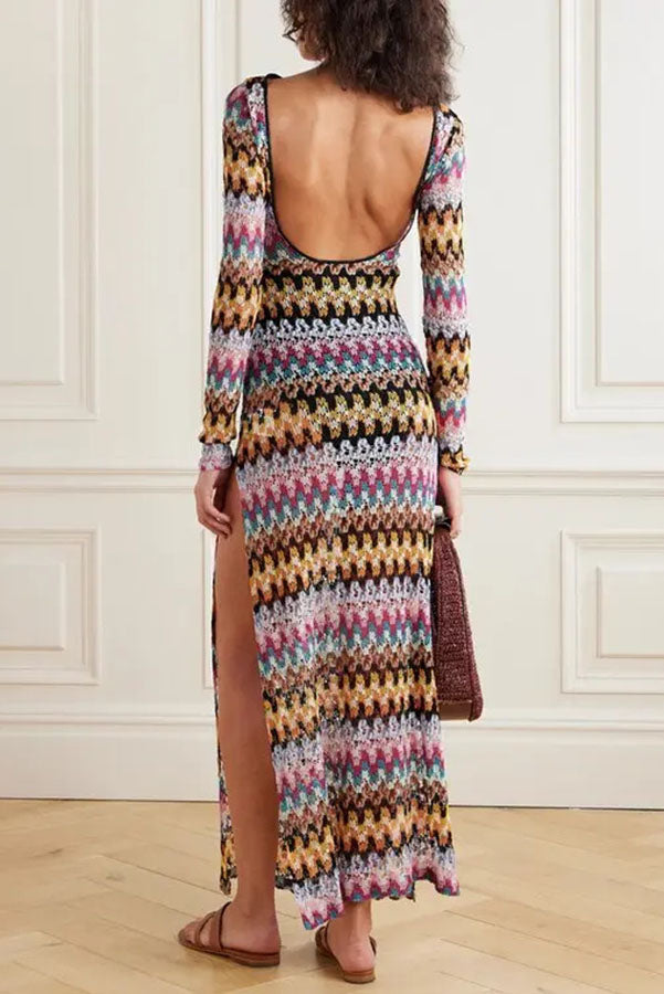 Jensin Knit Colorful Zigzag Pattern Long Sleeve Open Back Slit Vacation Maxi Dress