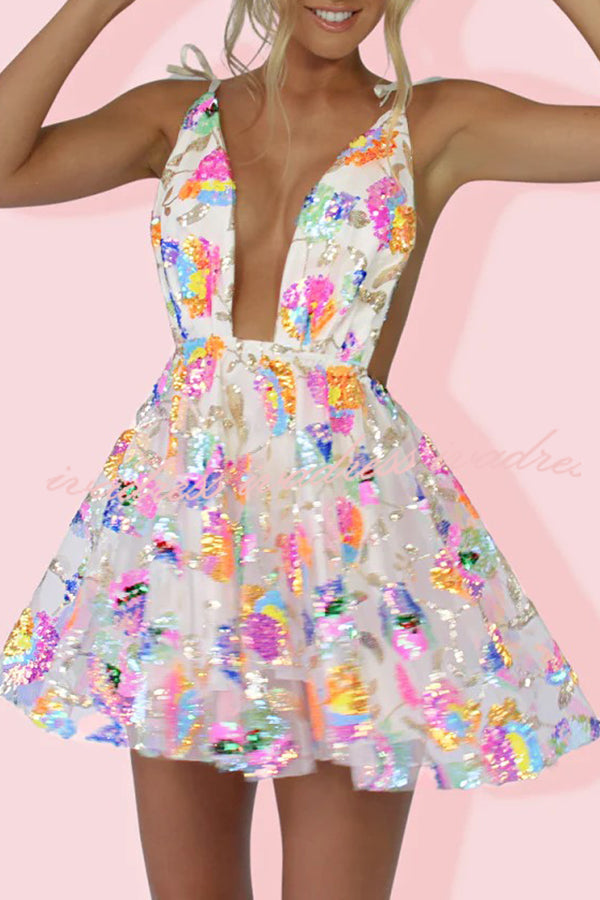 V Neck Open Back Sequined Floral Tie A Line Mini Dress