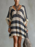 Navy And Cream Striped Loose Knit V-Neck Mini Dress