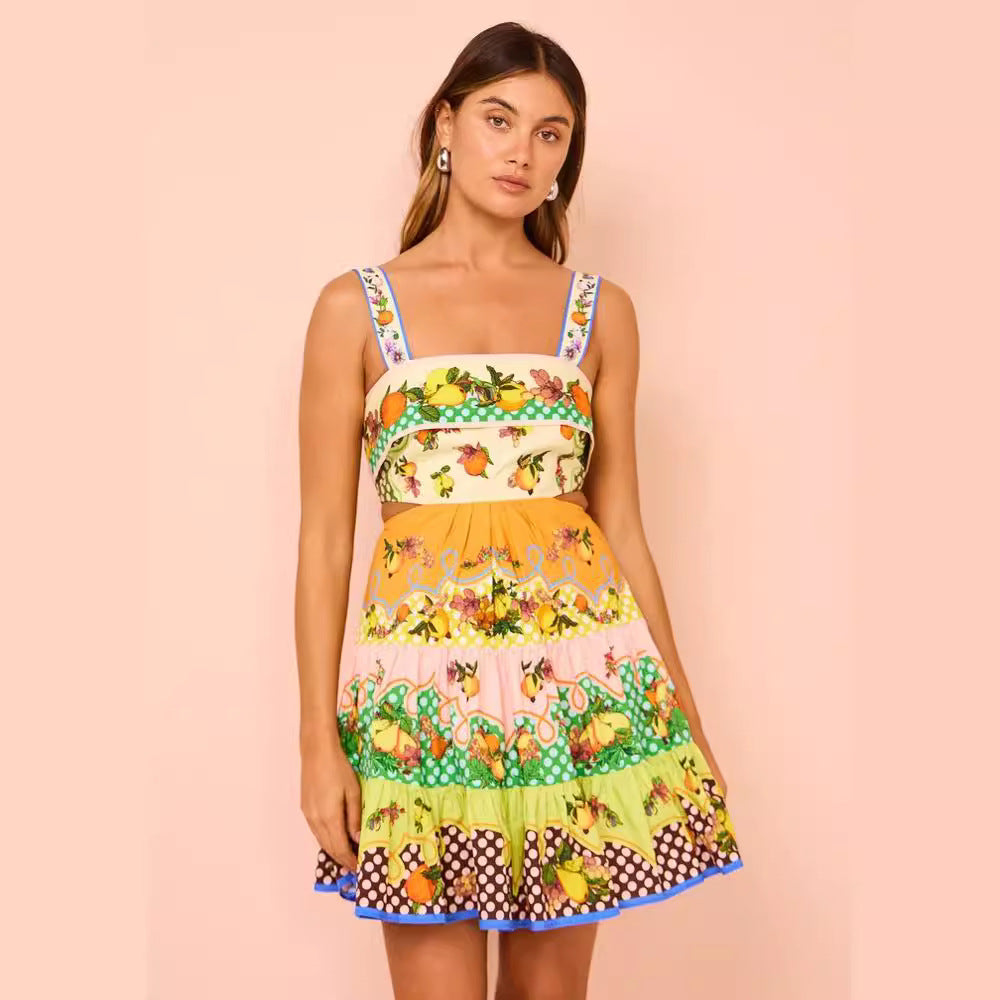 Sling Sleveeless Fruit Printed Mini Dress