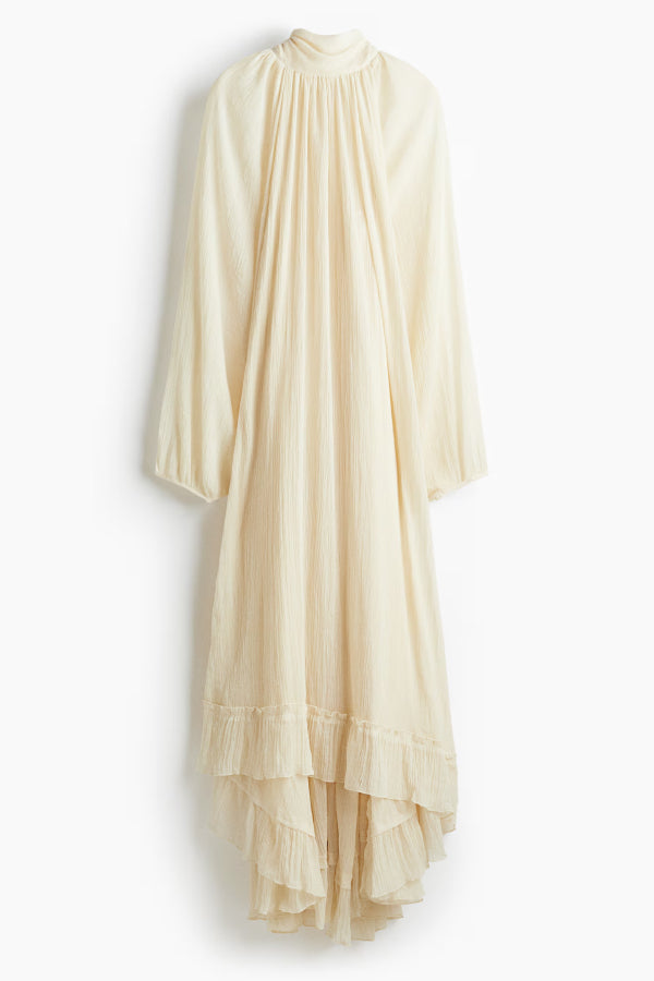 Solid Color High-neck Long-sleeved Loose Ruffle Maxi Dress