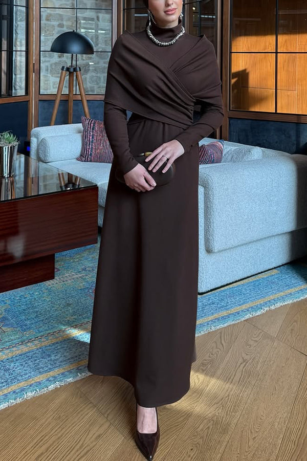 Solid Color High-neck Long-sleeved Crossover Waist Slim-fit Maxi Dress