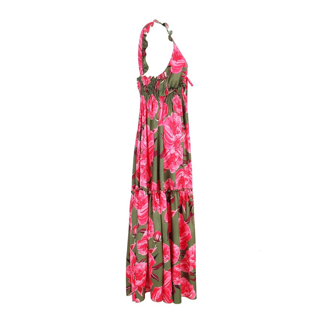 Ruffle Printed Cut Out Maxi Dress