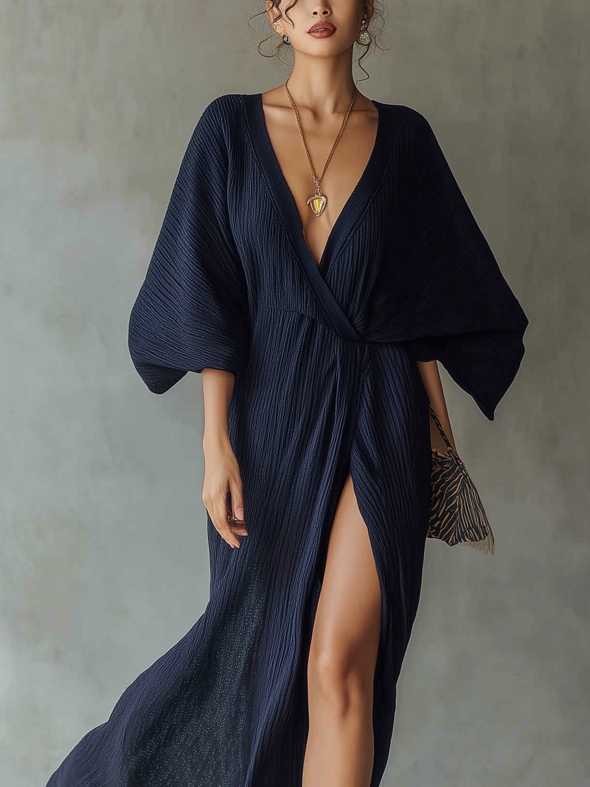 Plisse Maxi Dress With Wrap Front And Voluminous Sleeves