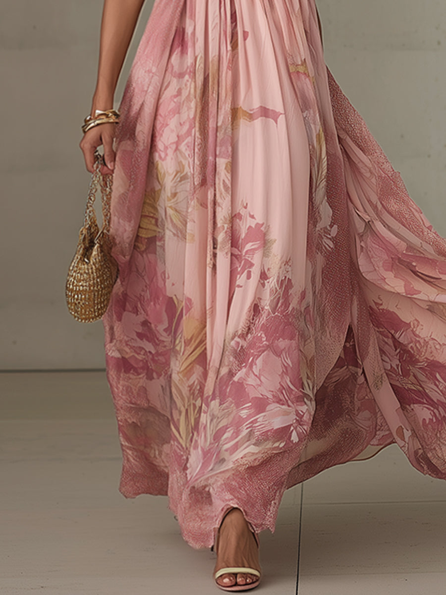 Blush Pink Chiffon Floral Cutout Sleeveless Maxi Dress