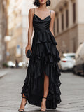 Spaghetti Strap Draped Ruffle Maxi Dress