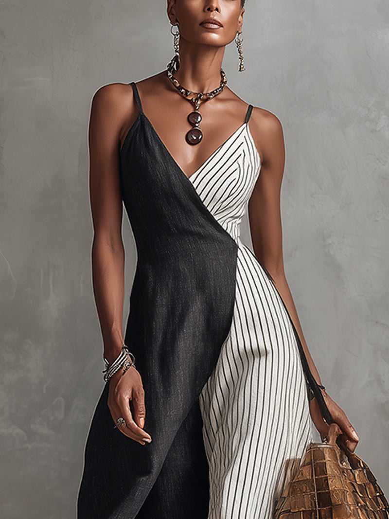 Striped Linen Spaghetti Strap Wrap Maxi Dress