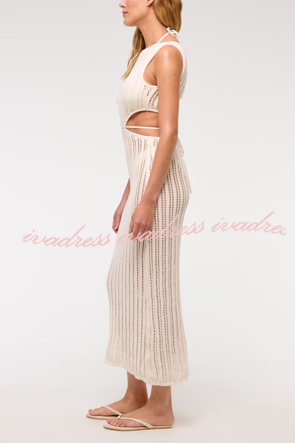Beach Day Crochet Knit Cutout Waist Coverup Stretch Maxi Dress