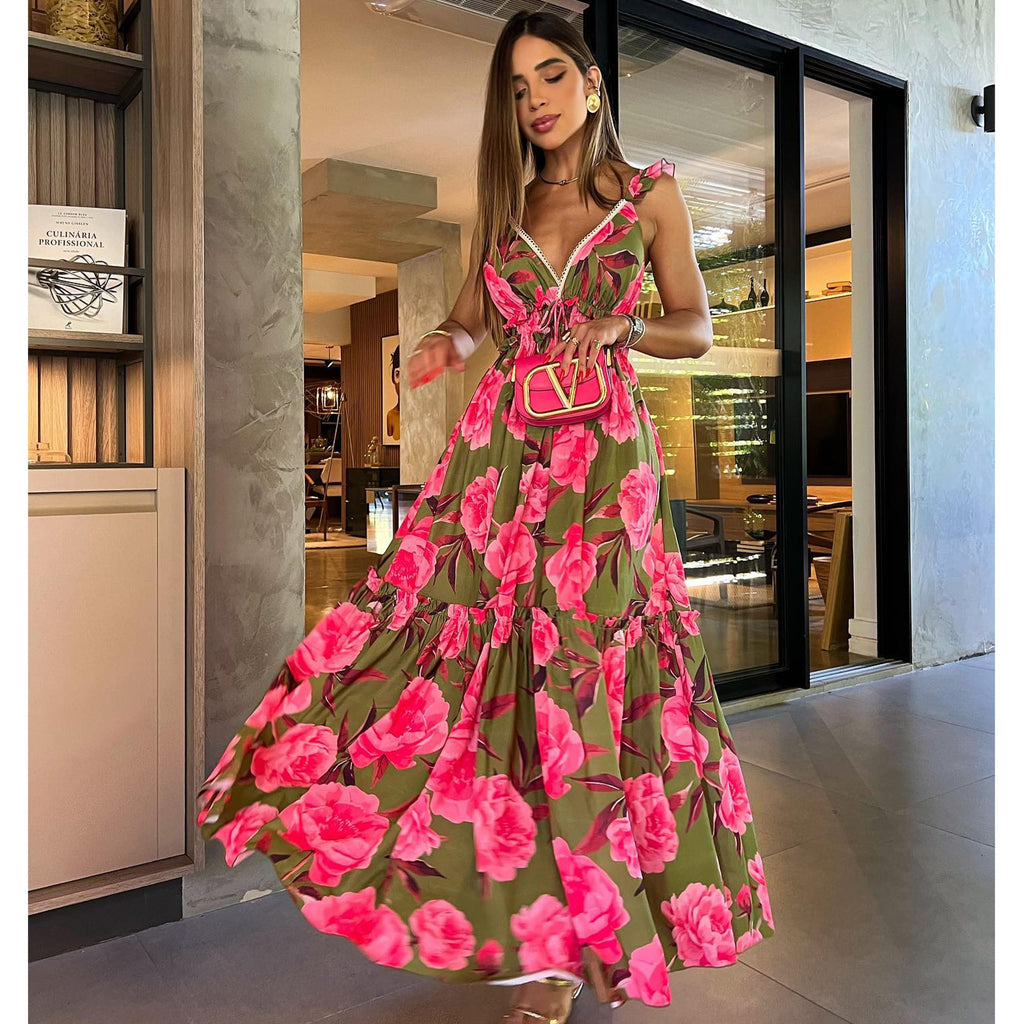 Ruffle Printed Cut Out Maxi Dress