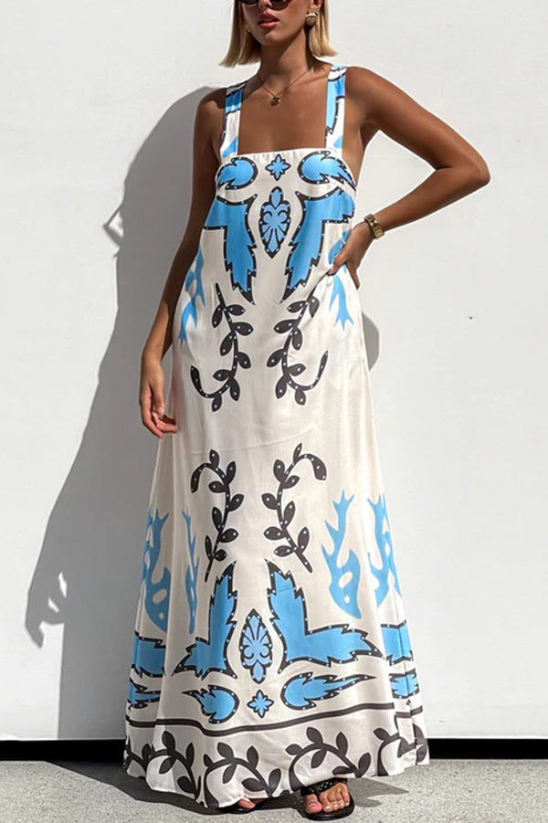 Unique Print Square Neck Open Back Lace-Up Loose Maxi Dress