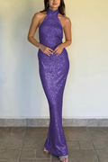 Sexy Sleeveless Backless Sequined Fitted Maxi Dress
