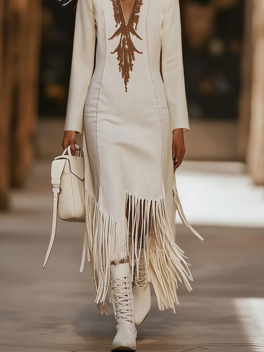 sheenchic Beige Deep V Neck Printed Long Sleeve Asymmetrical Fringe Hem Maxi Dress