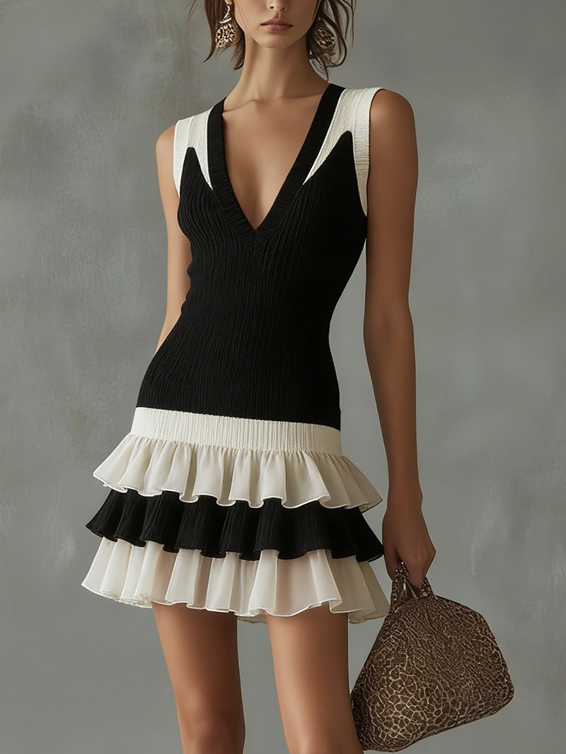 Black And White Knit Mini Dress With Layered Ruffled Hem