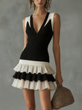 Black And White Knit Mini Dress With Layered Ruffled Hem