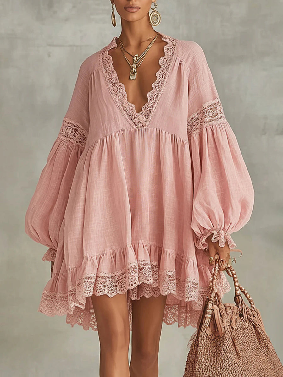 sheenchic Vacation Pink V Neck Puff Sleeve Long Sleeve Ruffle Boho Contrast Lace Mini Dresses [Pre-Order]