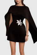 Davina Shawl Flower Mini Dress In Black