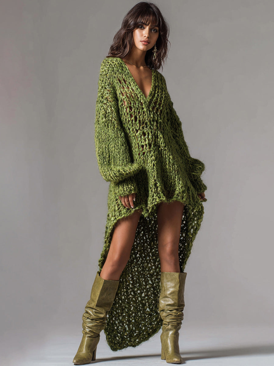 sheenchic Party Army Green V Neck Long Sleeve Asymmetric Hem Western Rib Knit Mini Dresses