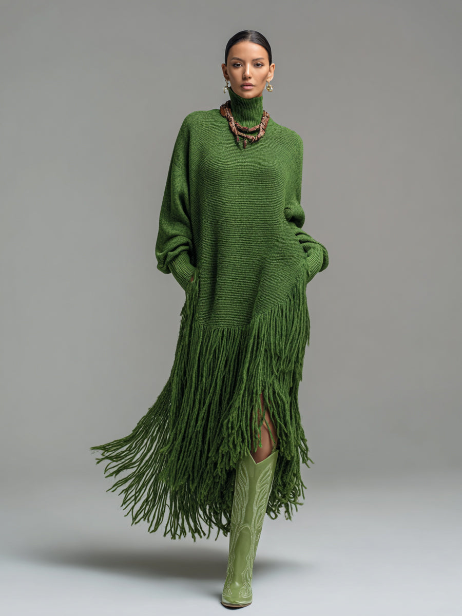 sheenchic Festival Green High Collar Long Sleeve Strappy Boho Pocket Knitted Maxi Dresses