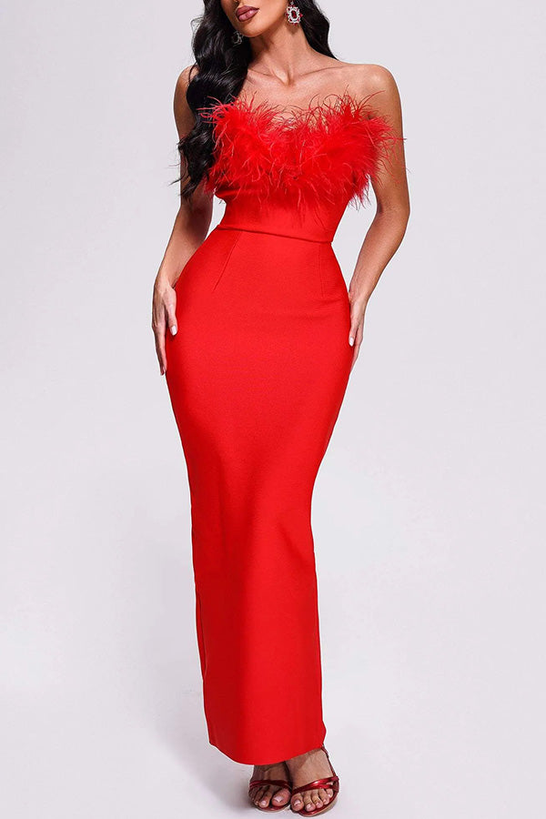 Sivir Feather Off Shoulder High Waisted Slit Maxi Dress