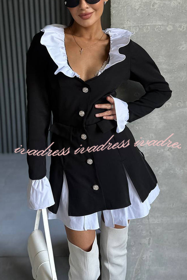 Altair Contrast Ruffled Shirt Patchwork Button Pleated Blazer Mini Dress