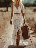 Vacation White V Neck Asymmetric Hem Boho See Through Lace Maxi Dresses