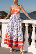 Unique Print Spaghetti Strap Gathered Holiday Maxi Dress