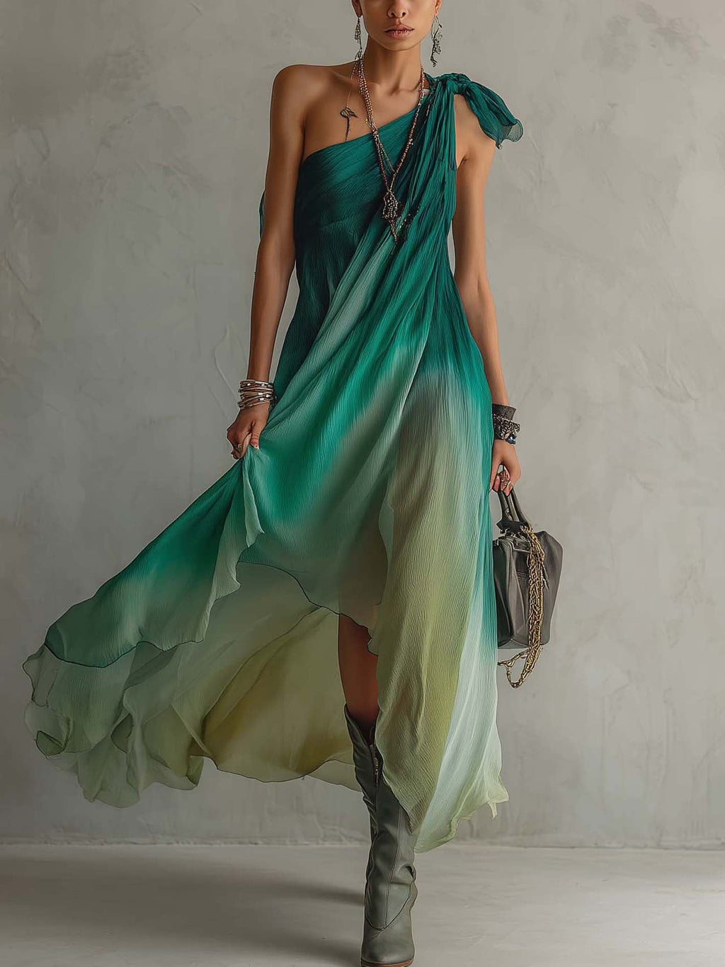 One Shoulder Ombre Green Chiffon Maxi Dress