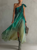 One Shoulder Ombre Green Chiffon Maxi Dress