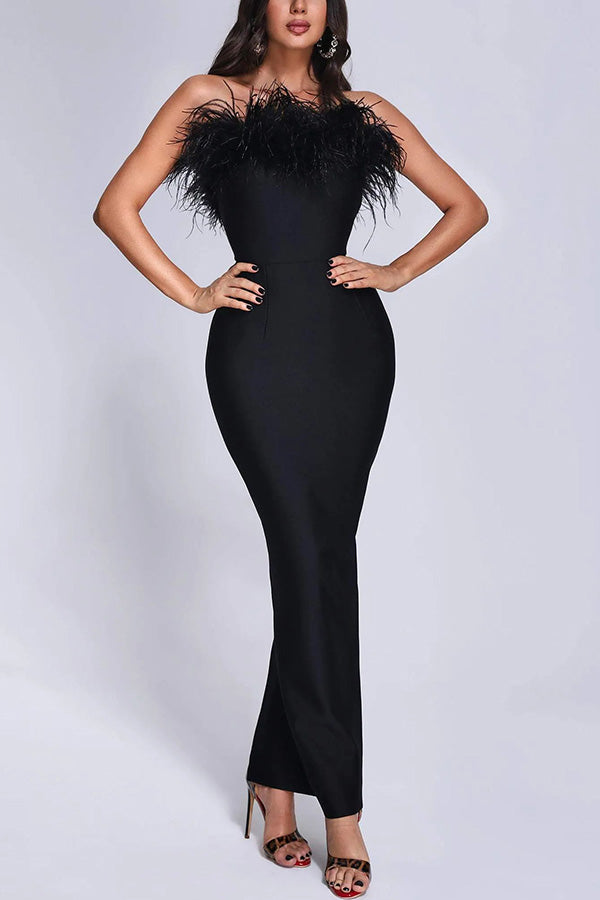 Sivir Feather Off Shoulder High Waisted Slit Maxi Dress