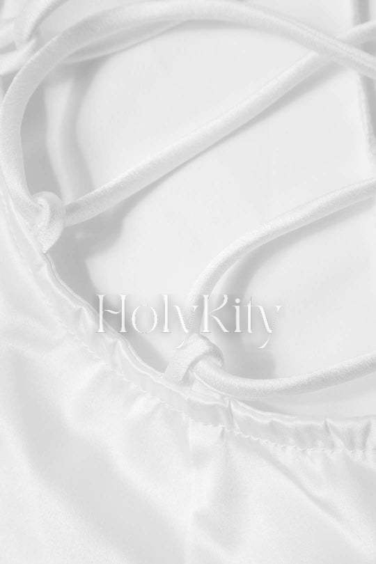 Pleated Satin Knot Back Mini Dress