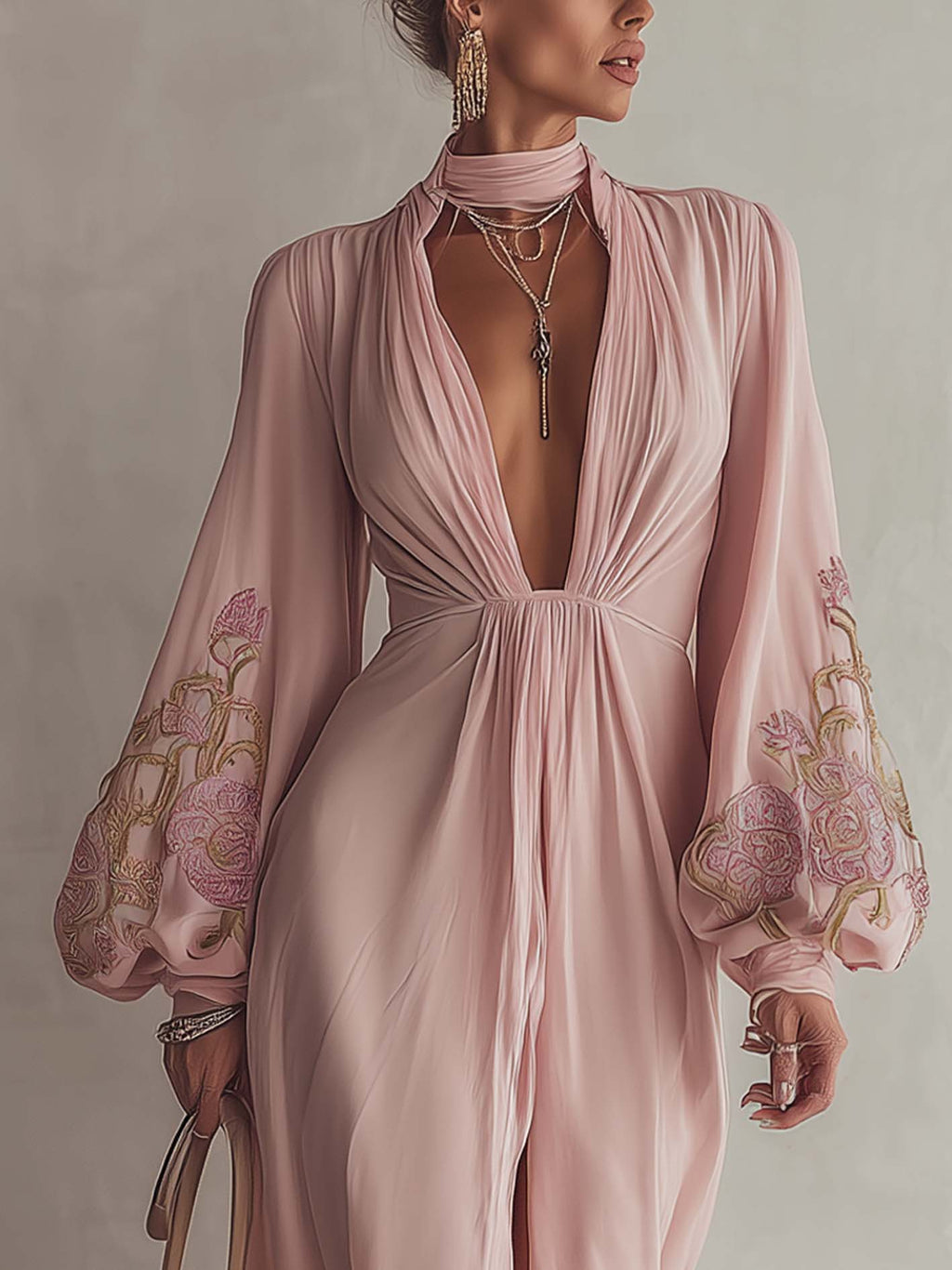 Vintage Embroidered Sleeve Pink Chiffon Maxi Dress