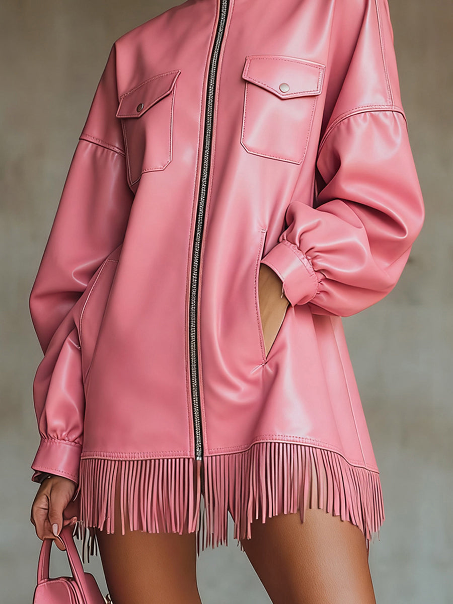 sheenchic Daily Pink High Collar Lantern Sleeve Long Sleeve Strappy Casual Pocket PU Leather Mini Dresses