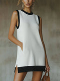 White And Black Contrast Trim Sleeveless Knit Mini Dress