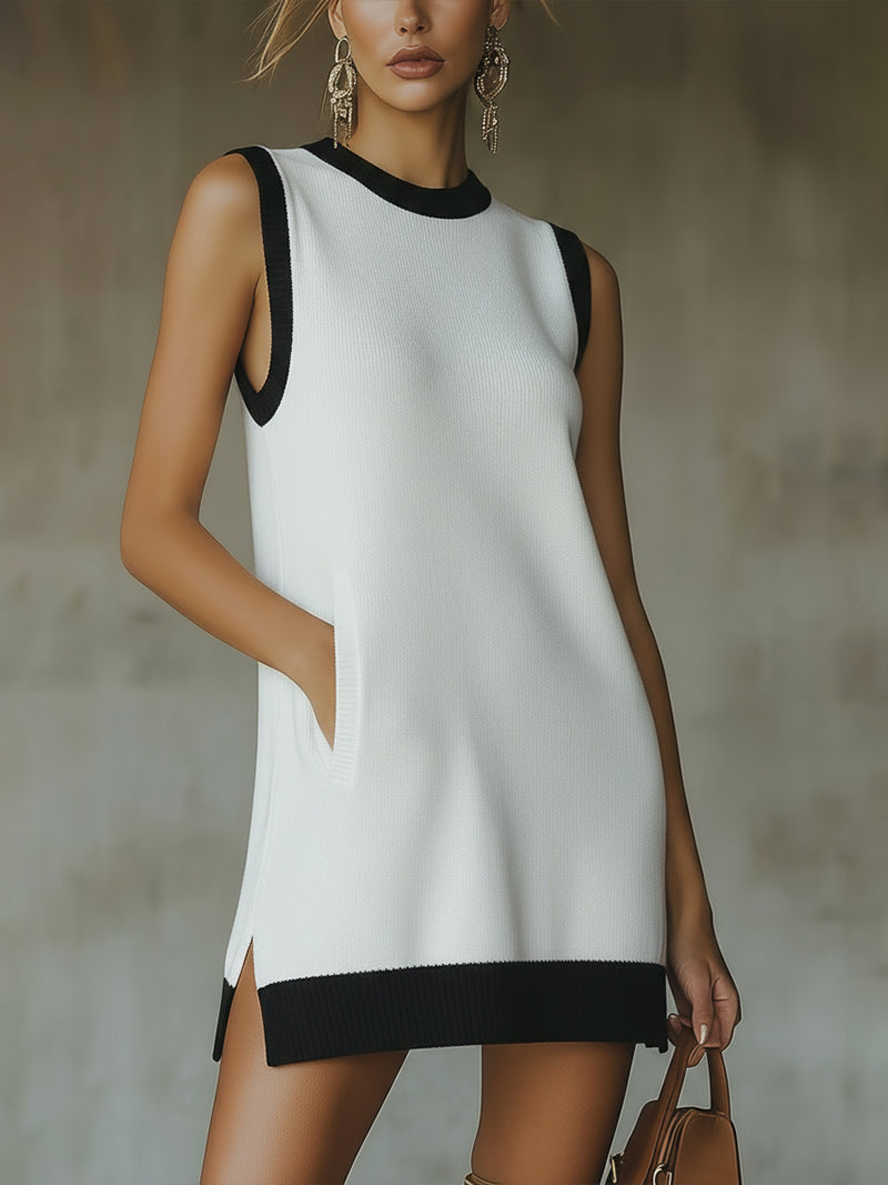 White And Black Contrast Trim Sleeveless Knit Mini Dress