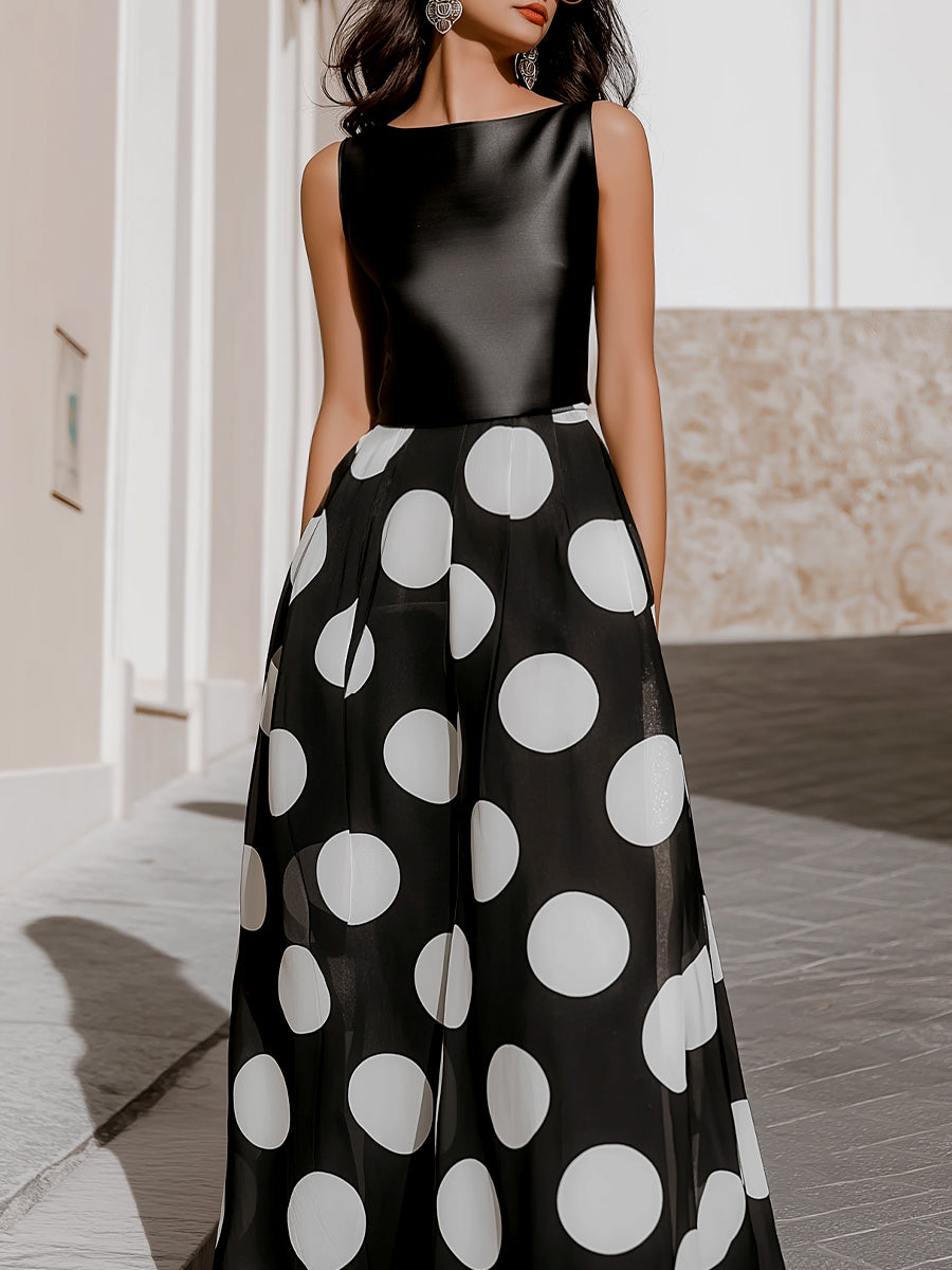Sleeveless Polka Dot Maxi Dress With Structured Bodice