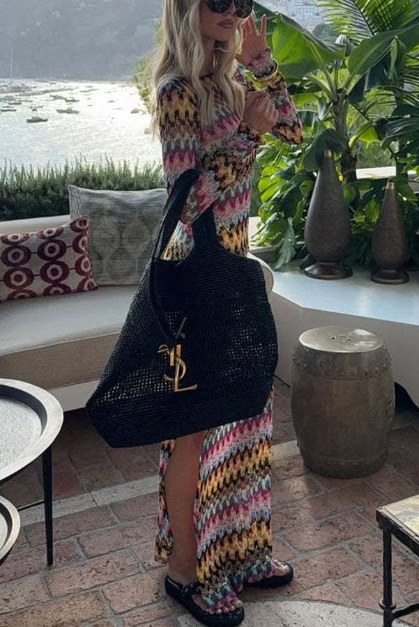 Jensin Knit Colorful Zigzag Pattern Long Sleeve Open Back Slit Vacation Maxi Dress
