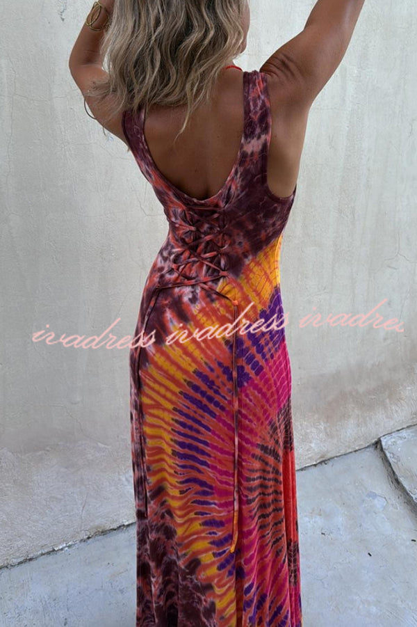 Boho Happiness Tie-dye Print Back Lace-up Stretch Maxi Dress