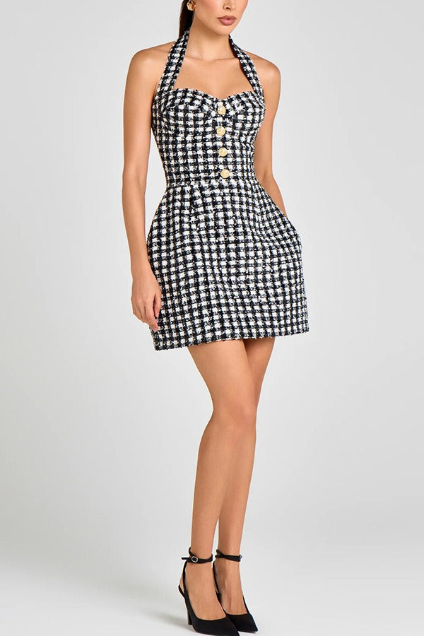 Black and white plaid halterneck dress