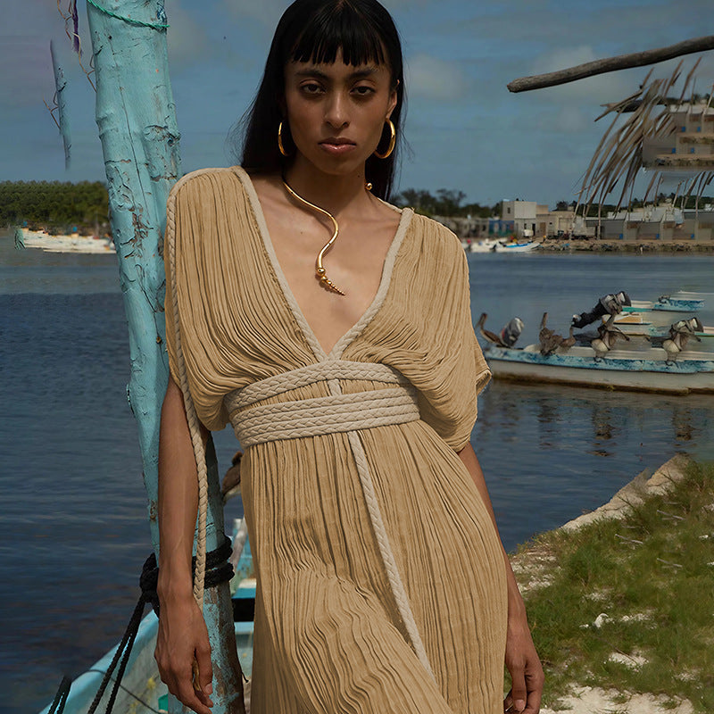 Off Shoulder Halter Maxi Dress(With Belt)