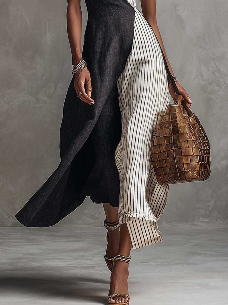 Striped Linen Spaghetti Strap Wrap Maxi Dress